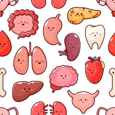 Cartoon body organ characters seamless pattern, vector background. Funny anatomy pattern with happy human organs and bones, heart and brain with kidney or liver, gallbladder and pancreas background clipart