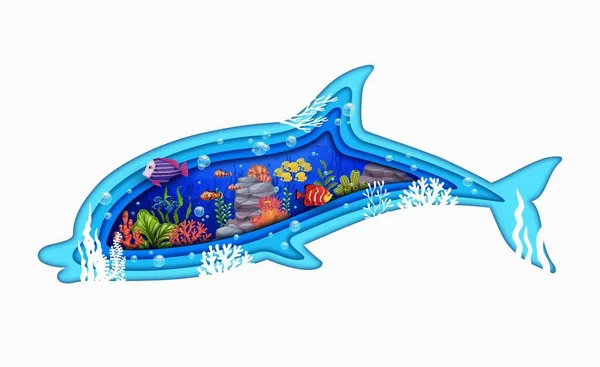卡通海豚纸剪影 水下风景与热带鱼 病媒斑纹 深海或海底珊瑚礁景观中的海草剪成一层层的海豚轮廓 — 图库矢量图片