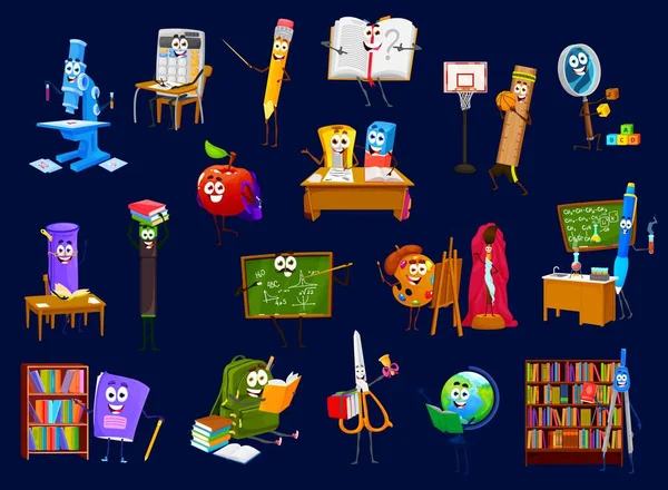 Cartoon Fournitures Scolaires Personnages Papeterie Personnages Éducation Vectorielle Sac Dos — Image vectorielle