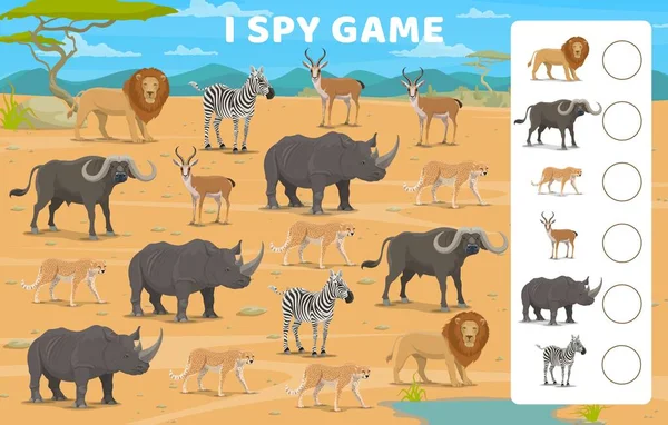 私はゲーム漫画アフリカサバンナ動物をスパイ アフリカのゼブラ ライオン カモシカ チーターを持つ子供のための計算学習活動のためのベクトルワークシートサバンナ自然景観 — ストックベクタ