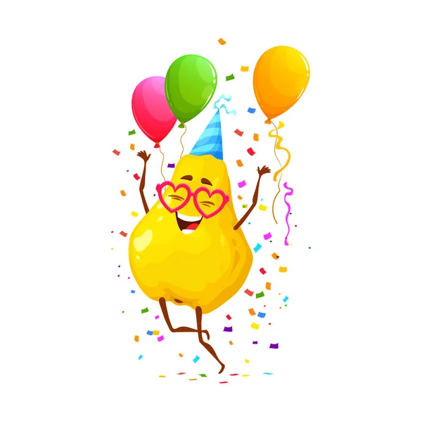 Kreslený Veselý Quince Ovocná Postava Narozeninové Párty Výročí Sváteční Oslavy — Stockový vektor