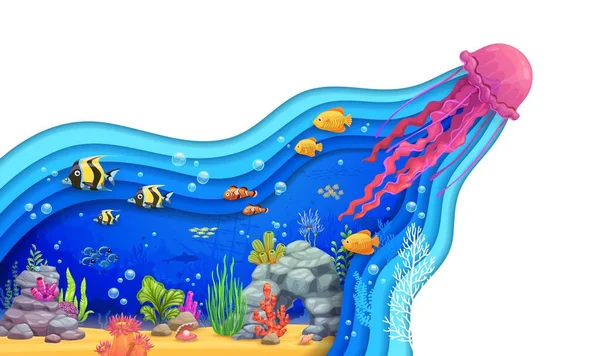 Zeichentrickquallen Unterwasserpapier Geschnittene Landschaft Vektorschwärme Tropischer Fische Algen Und Korallen — Stockvektor