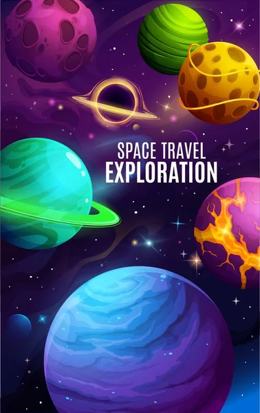 Cartel Planetas Espaciales Galaxias Dibujos Animados Con Tierra Alienígena Sistema — Vector de stock