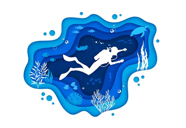 Potápěč Dně Oceánu Mořský Papír Řezané Podvodní Krajiny Skupinami Ryb — Stockový vektor