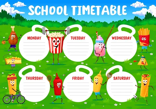 Timetable Schedule Cartoon Fast Food Characters Sport Education Week Timetable — Stock Vector