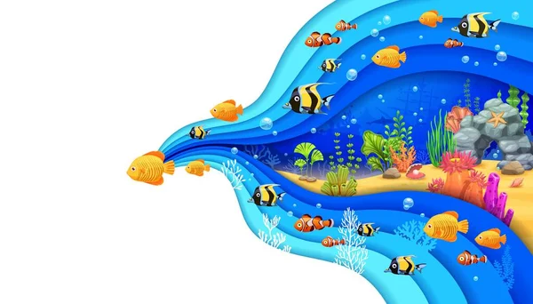 Cartoon Tropické Ryby Mořské Řasy Hvězdice Korály Podvodní Papír Řez — Stockový vektor