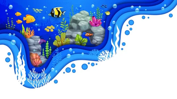 Cartoon Tropical Fish Shoal Seaweeds Underwater Paper Cut Sea Landscape — Stock Vector