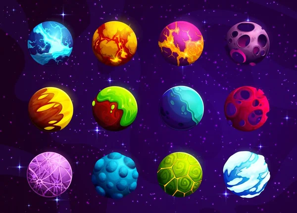 Cartoon Buitenaardse Fantasie Ruimte Planeten Vector Kleurrijke Fantastische Sterrenstelsel Spel — Stockvector