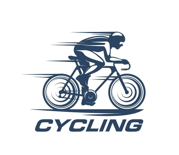 サイクリングスポーツアイコン 自転車レーサーのシルエットやサイクリスト 自転車スポーツチームベクトル記号 速度ラインに乗ってヘルメットにサイクリストシルエットと自転車レース競技エンブレムのサイクリングスポーツツアー — ストックベクタ