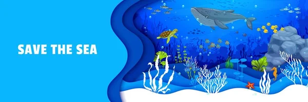 Cartoon Sea Paper Cut Landscape Whale Turtle Fish Shoal Seahorse — Stock Vector