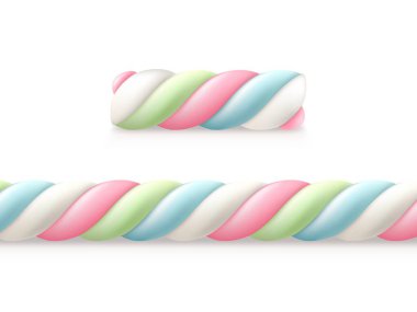 Gerçekçi marşmelov, izole edilmiş 3 boyutlu vektör tatlı, kabarık şeker, mısır şurubu ve jelatin karışımı. Bükülmüş beyaz, pembe, mavi ve yeşil pastel renkli şeker, yumuşak yapışkan desenli aperatif