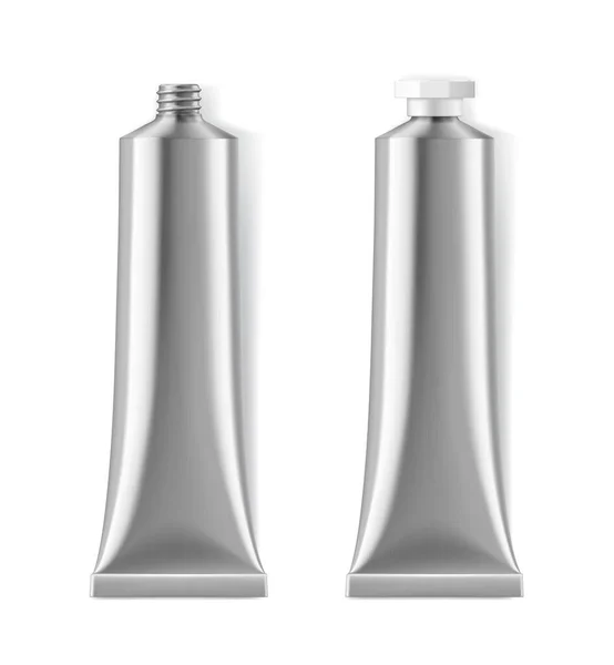 Realistische Metalen Zilveren Verf Buis Cosmetische Pakket Geïsoleerde Vector Mockup — Stockvector