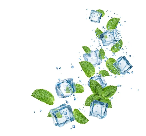 Realistischer Wasserfluss Eiswürfel Minzblätter Und Blasen Menthol Kühle Minze Und — Stockvektor