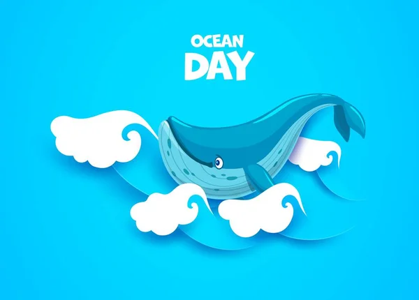 World Oceans Day Paper Cut Sea Waves Cartoon Whale Vector — Stock Vector