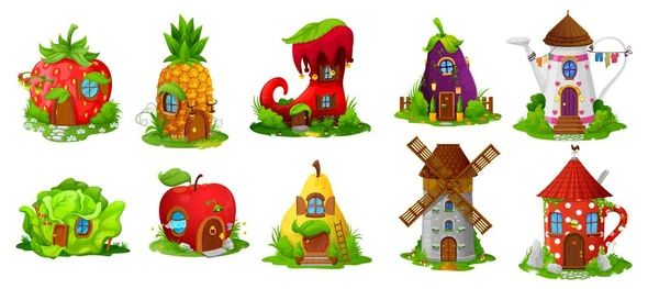 Fairytale Houses Dwellings Cartoon Vector Fairy Dwarf Gnome Boot Strawberry — Stock Vector
