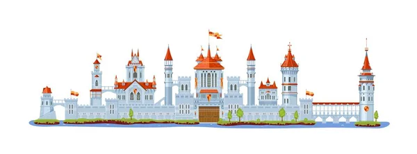 中世纪的城堡 塔和炮塔 墙和宫殿 以高耸的石墙 宏伟的吊桥和国旗为特色的孤立卡通矢量建筑 — 图库矢量图片