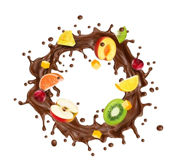 现实的圆形巧克力牛奶波溅满了水果 甜甜的甜点饮料 巧克力饮料 Splay 3D现实的病媒飞溅波纹橙色 苹果和猕猴桃 — 图库矢量图片