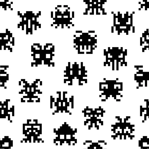 Arcade Game Pixel Monster Seamless Pattern Retro Bit Cartoon Alien — Stock Vector