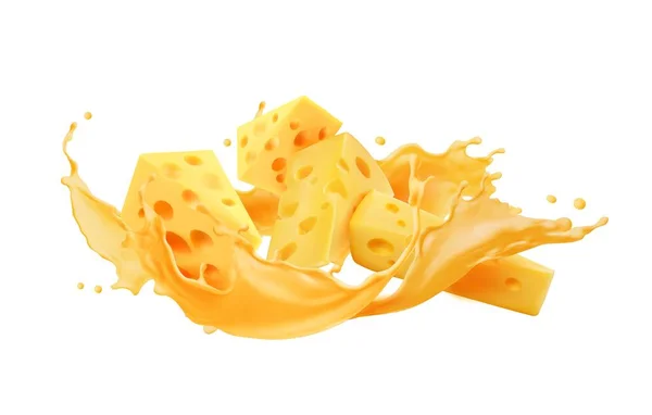 スプラッシュでチーズを滴下し 溶かす 液体黄色のソースで隔離された3Dベクトルスライス 散水と贅沢な経験は スプラッタでチーズを滴下し溶融させるという魅力を呼び起こします — ストックベクタ