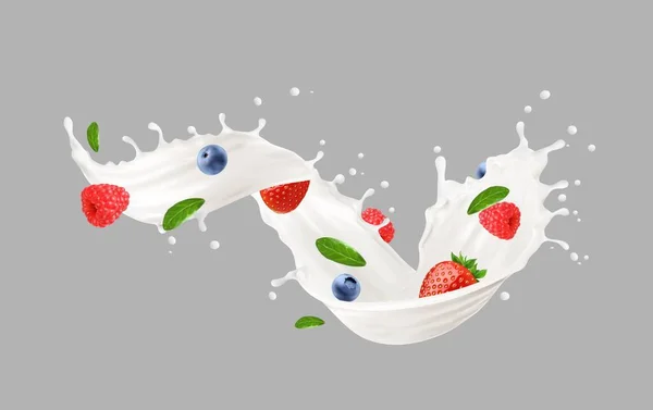 Iogurte Branco Redemoinho Leite Espirram Com Bagas Vetor Isolado Produto — Vetor de Stock