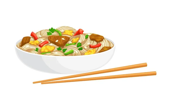 卡通面条 中国农历新年食品 象征着长寿和繁荣 盛满香味的肉汤的碗 在喜庆的聚会上享用 象征着来年的好运和丰盛 — 图库矢量图片