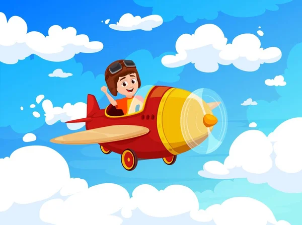 Hij Vloog Het Vliegtuig Blauwe Bewolkte Lucht Cartoon Kinderpiloot Het — Stockvector
