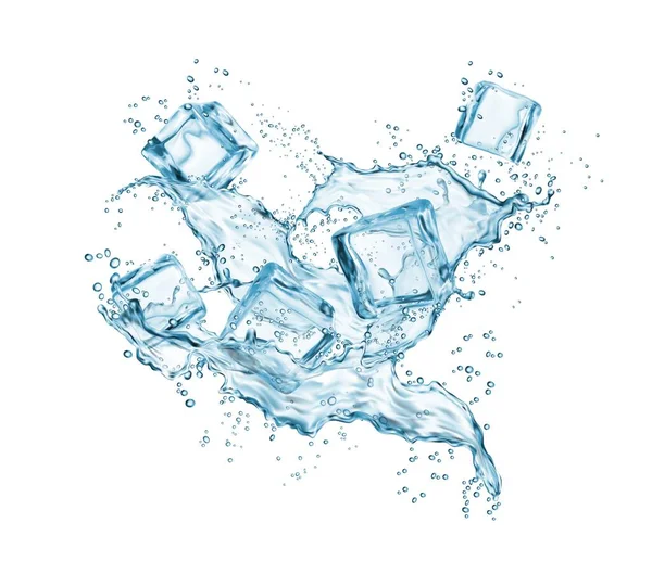 Замороженные Кубики Льда Брызгах Воды Ледяные Кубики Прохладной Жидкости Свежий — стоковый вектор