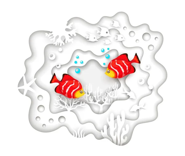 Тропічна Риба Білий Морський Папір Вирізали Ландшафт Морськими Водоростями Коралами — стоковий вектор