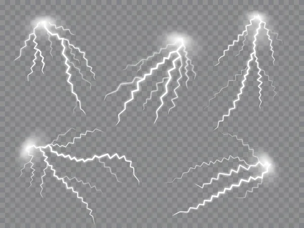 雷雨の効果 電気火花 フラッシュストライキ 白い色の雷ボルト 光で絶縁現実的な3Dベクトルの強力な放電 魔法のエネルギー爆発 — ストックベクタ