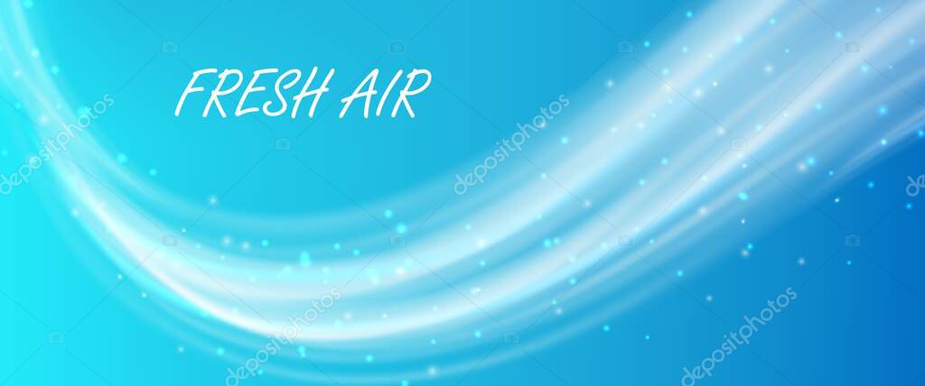 Fresh air flow, cold white wind effect, blowing mist, smoke or winter blizzard trail on blue background. Realistic 3d vector smoky stream motion, conditioner, aroma spray whirl, freezing vapor, fog
