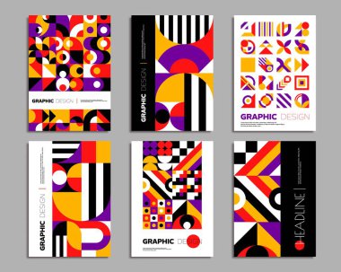 Bauhaus posterleri. Geometrik soyut arkaplan kalıpları. Soyut geometri, retro minimal şekiller, biçimler, sergi sanatı, dergi, albüm için canlı renkli vektör kapağı şablonları
