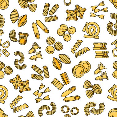 Makarna tipli dikişsiz desen. Kağıt kaplama vektör arkaplanı, tekstil ya da kumaş baskısı konkiloni, farfalle, maccheroni, tortelloni ve rigatoni, eliche, filini İtalyan makarnası
