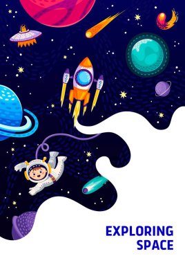 Uzay posteri, uzayda çizgi film astronotu, roket gemisi UFO ve galaksi gezegenleri, galaksi çocukları dünyası. Uzay adamı ve roket ya da uzay gezegenlerinin keşfi için galaktik gökyüzünde bir uzay gemisi.