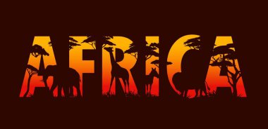 Afrika safarisi, hayvan siluetleri ve ağaçlarla gün batımı manzarası. Afrika 'da savana aslanı, fil, zürafa ve zebra siluetleri, çimler, çalılar, akasya ve sekoya gölgelerinin çifte sergilenişi