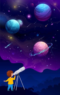 Teleskoplu küçük bir çocuk. Karikatür uzay gezegenleri, galaksi nebulası ve uzayda uçan kuyruklu yıldızlar. Astronomi ya da yıldızlar teleskop kullanan anaokulu öğrencileriyle hobi vektör kavramını gözlemliyor.