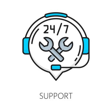Destek, CMS içerik yönetim sistemi simgesi, vektör ince çizgi pictogram. Telefon kulaklığı ve anahtarın müşteri hizmetleri yardımı veya çağrı merkezi simgesi, 7 kullanıcı desteği için 24 CMS içerik yönetimi sohbeti