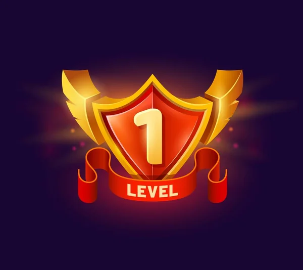 Hra Level Shield Odznak Vyhrát Ikonu Bonus Ocenění Nebo Medaile — Stockový vektor