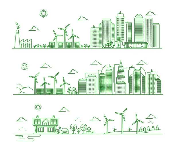 Эко Городской Пейзаж Очерчивает Панорамную Концепцию Устойчивая Инфраструктура Будущего Альтернативные — стоковый вектор