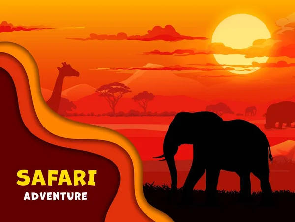 Afrikaanse Papier Gesneden Banner Met Safari Dieren Silhouetten Zonsondergang Landschap — Stockvector
