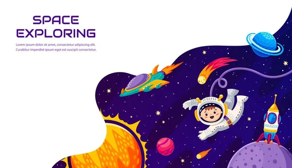 Página Destino Galáxia Espacial Cartoon Planetas Espaciais Astronauta Nave Espacial —  Vetores de Stock