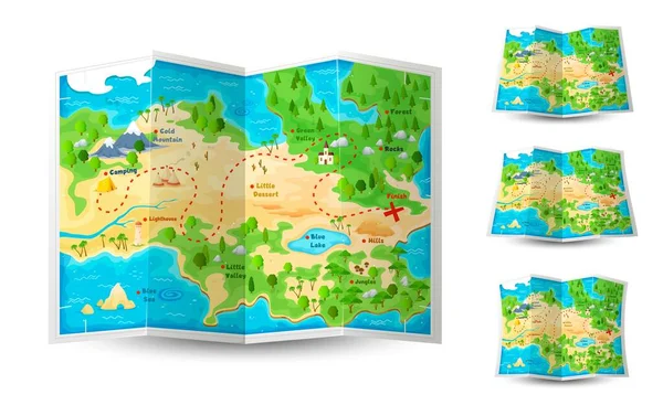 卡通游戏纸片地图 探险和旅行 海岛矢量 山地和湖中路径的旅游和远足营地地图 游戏开始和结束的旅游路线图 — 图库矢量图片