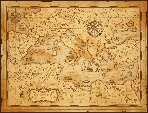 地中海古老的地图 海盗航行和珍宝岛 古老的矢量 有幻想怪兽的地中海地图和有罗盘风的欧洲航海船计划上升了 — 图库矢量图片