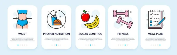 Mobil Uygulama Ekranda Beslenme Sağlıklı Yiyecek Spor Vektör Sayfa Şablonları — Stok Vektör