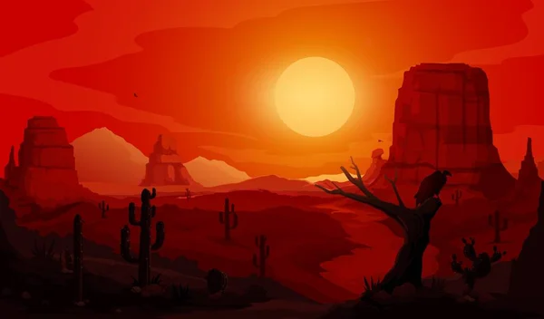 Večerní Západ Slunce Mexická Pouštní Krajina Kaktusovými Siluetami Vektorové Pozadí — Stockový vektor