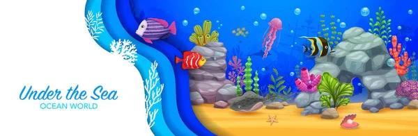 Cartoon Unterwasserpapier Geschnitten Landschaft Banner Mit Rochen Fisch Quallen Und — Stockvektor