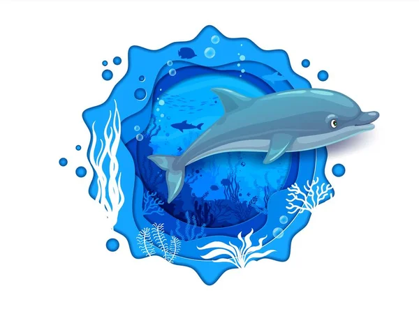 Cartoon Blue Dolphin Sea Underwater Paper Cut Landscape Seaweeds Vector — Stock Vector