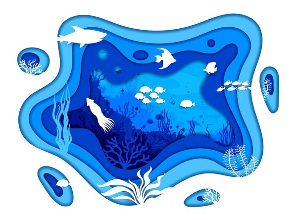 Silhouette sea paper cut landscape with underwater animals, fish and seaweeds, vector ocean background. Cartoon undersea world or coral reef life in papercut layers with shark, squid and turtle