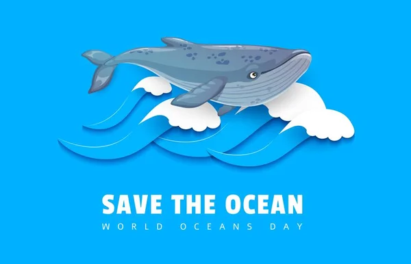 World Oceans Day Cartoon Blue Whale Paper Cut Sea Waves — Stock Vector