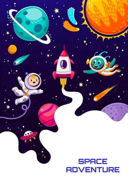 Cartel Espacial Astronauta Dibujos Animados Nave Espacial Ovni Alienígena Planetas — Vector de stock