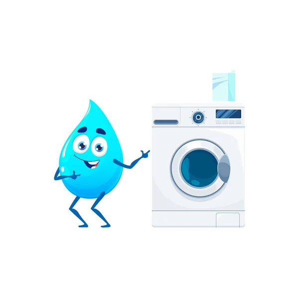 Cartoon Happy Water Drop Figur Mit Waschmaschine Saubere Feuchtigkeitstropfen Waschmittel — Stockvektor